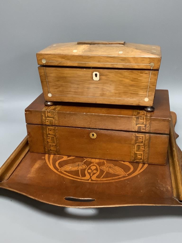 A Thonet style bentwood tray, 52 x 47cm, a writing slope and a rosewood tea caddy